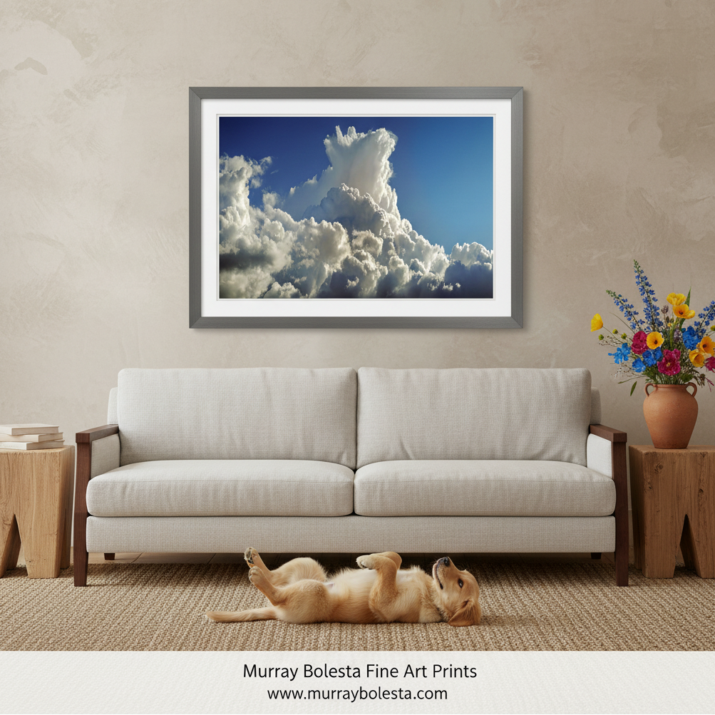 a beautiful, expansive sky filled with fluffy white clouds against a bright blue background. Dramatic Desert Storm Clouds at Tucson Arizona - Monsoon Photography Print by Murray Bolesta