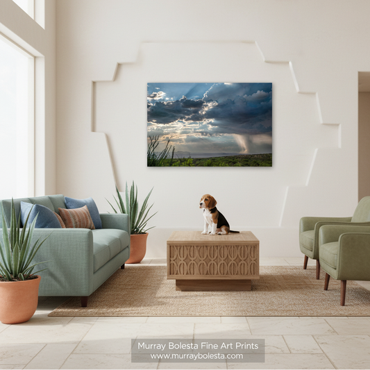 Tucson Arizona monsoon landscape by Murray Bolesta. A framed wall art print showing a dramatic storm sky with rain over green fields, displayed above a wooden coffee table in a modern living room with a dog sitting on the table. The room includes a light blue sofa, green armchairs, and potted plants.