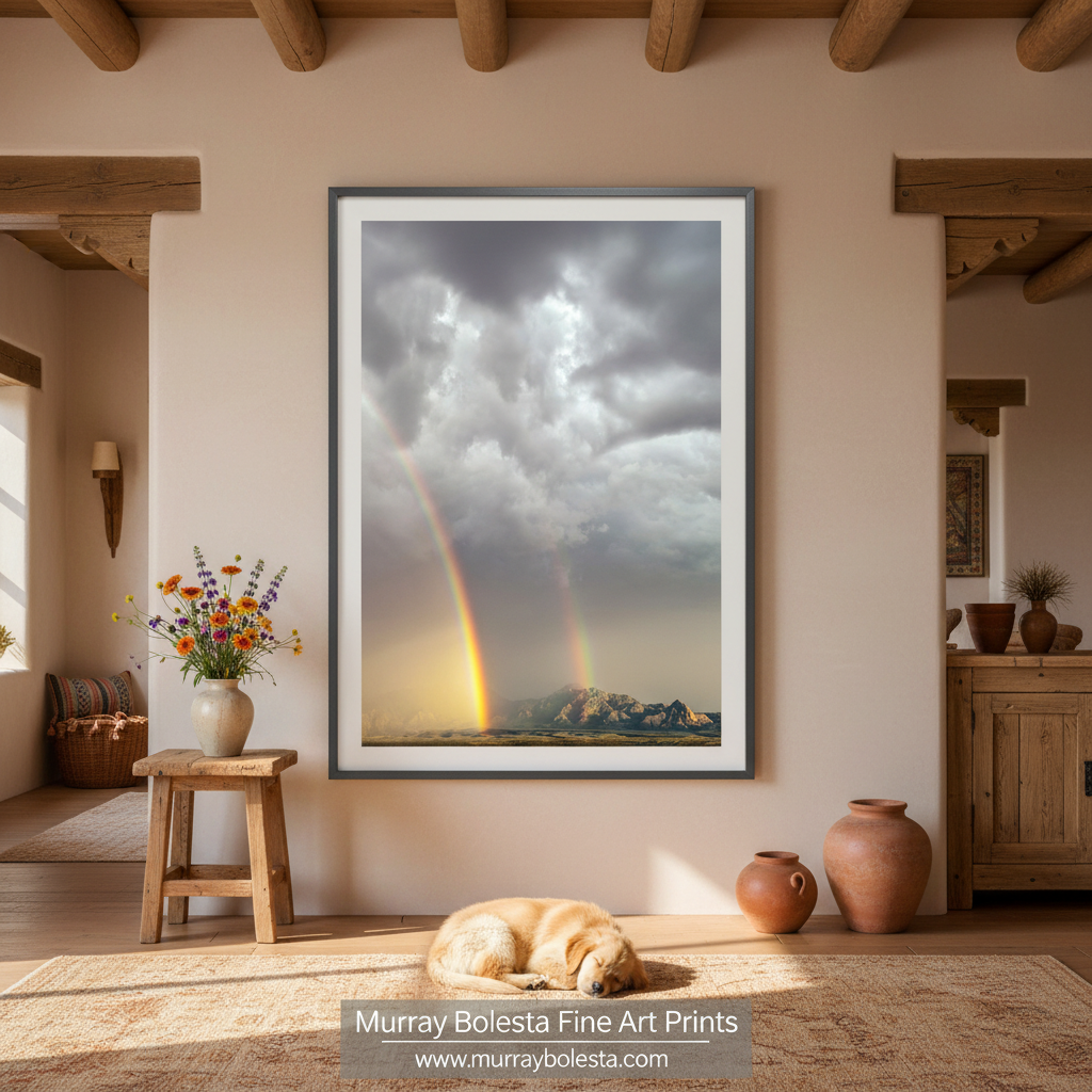 a stunning natural landscape with a double rainbow arching across the sky, creating a breathtaking and vibrant scene. Desert Rainbow Photograph - Tucson Arizona Mountain Landscape Art Print by Murray Bolesta