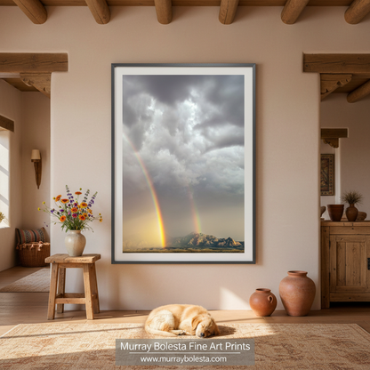 a stunning natural landscape with a double rainbow arching across the sky, creating a breathtaking and vibrant scene. Desert Rainbow Photograph - Tucson Arizona Mountain Landscape Art Print by Murray Bolesta
