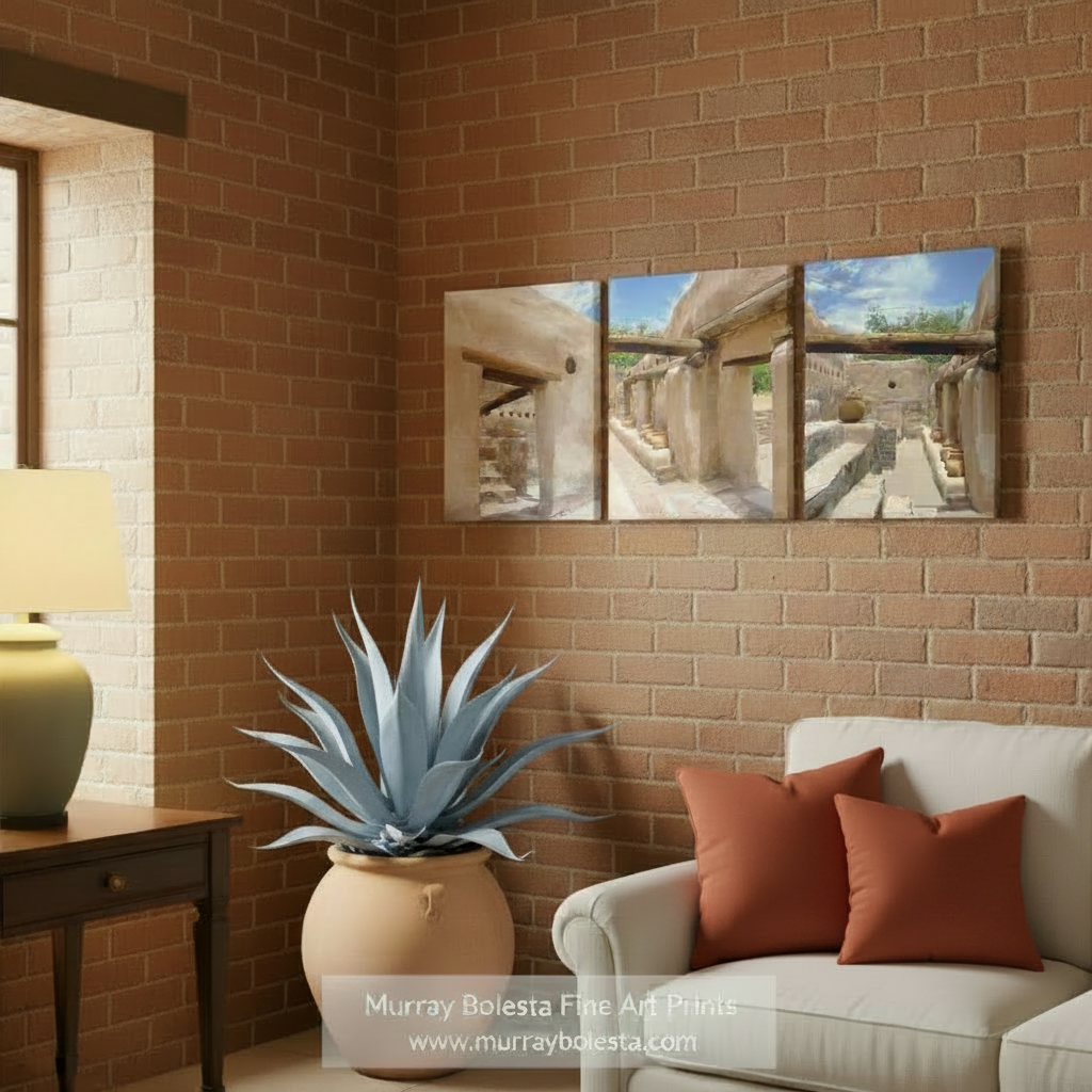 The image is a collage of three photographs depicting the architecture of a building, with a focus on the arches and columns. Arizona Mission Art - Southwest Style Wall Decor Set of 3 Prints by Murray Bolesta