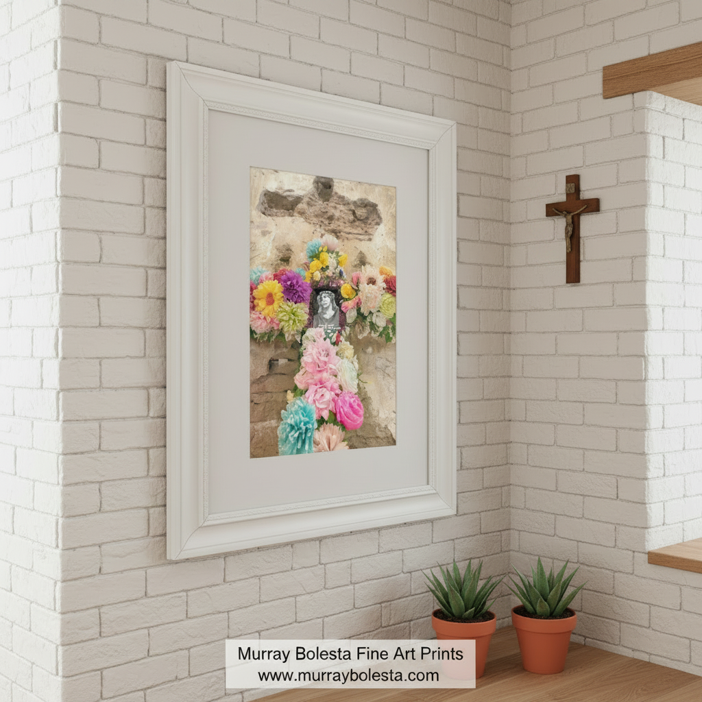 A colorful floral arrangement adorns a stone wall, with a photograph of a Jesus face in the center. Tumacacori Floral Cross Religious Art - Arizona Hispanic Print by Murray Bolesta