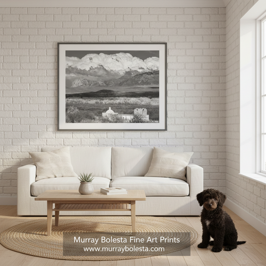 Tumacacori Mission Arizona by Murray Bolesta! A black and white landscape art print of desert mountains is displayed on a white brick wall above a modern white sofa in a bright, contemporary living room. A small black dog sits on the wooden floor in the lower right corner.