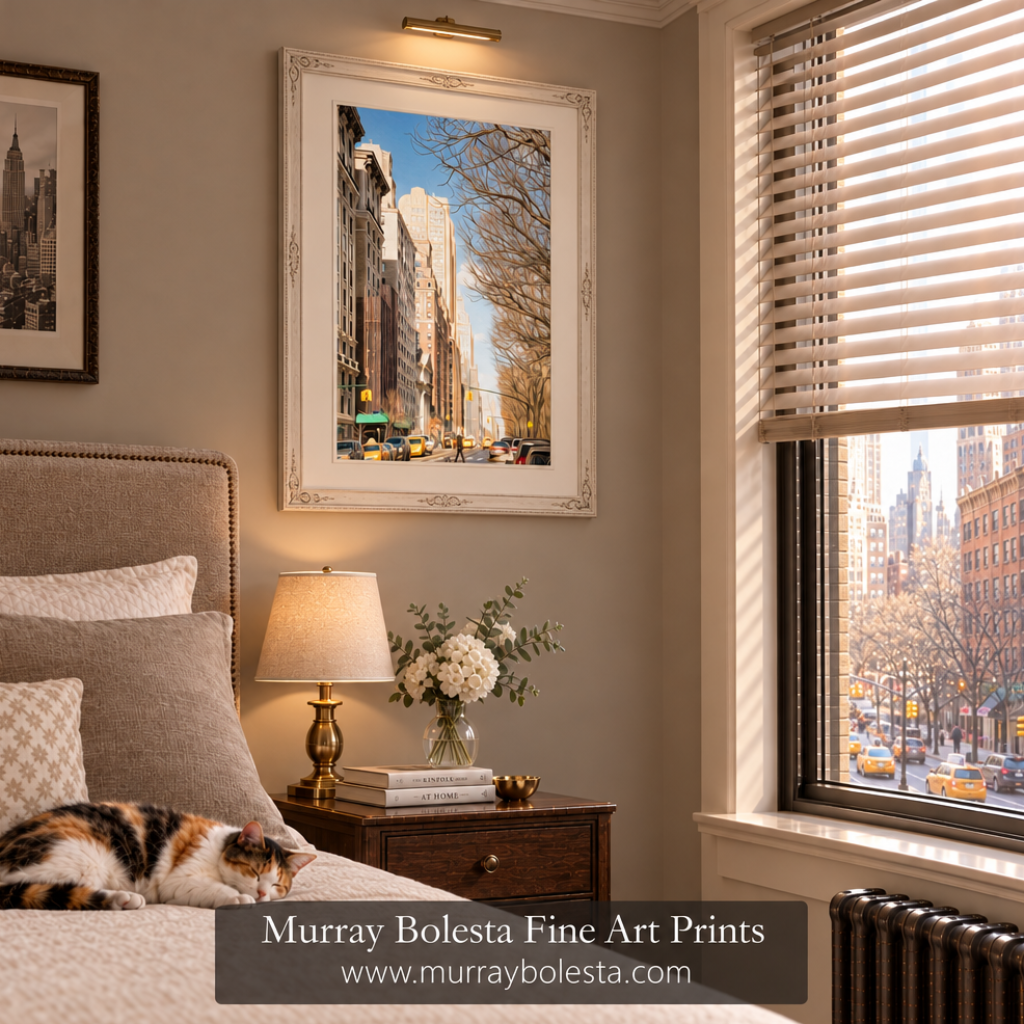 A framed art print depicting a New York City street scene hangs on a beige wall above a bed in a styled bedroom. The print is shown in a white frame, with a cat resting on the bed, a bedside lamp, and a window with blinds in the background. Art by Murray Bolesta