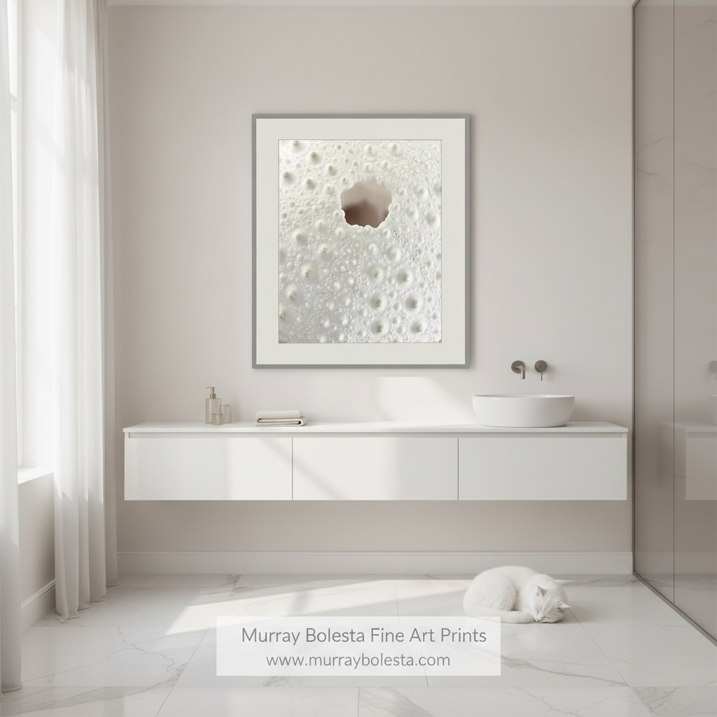 Sea urchin art by Murray Bolesta! A framed abstract art print featuring a white marble-like texture with a central brown hole, displayed on a light gray wall above a white floating vanity in a modern bathroom. A white cat is sleeping on the floor, and a watermark at the bottom reads 'Murray Bolesta Fine Art Prints'.