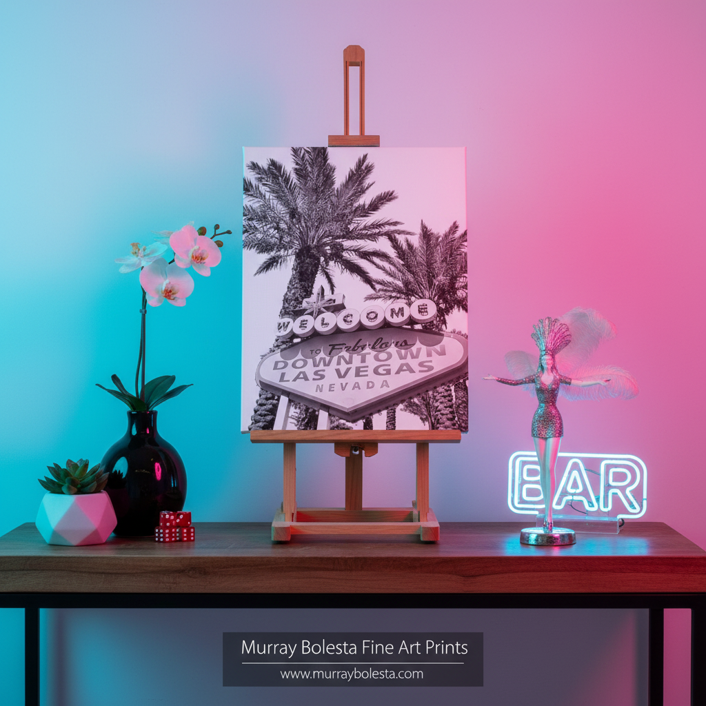 A black and white art print of the 'Welcome to Las Vegas' sign framed by palm trees, displayed on a wooden easel. The print is styled on a dark table with a blue-to-pink gradient background, flanked by a black vase with white orchids, a small succulent, a red gift box, and a glowing neon 'BAR' sign. By Murray Bolesta.