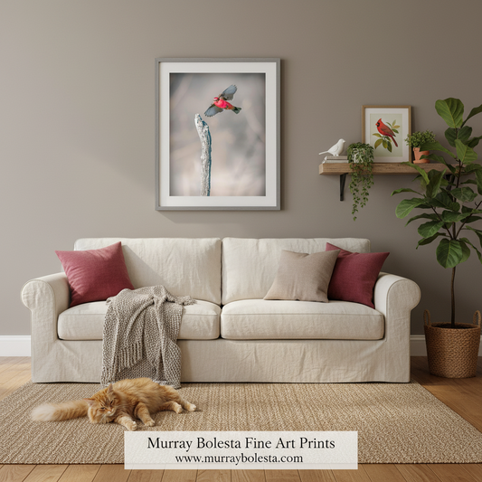 A framed art print of a hbird on a flower spent branch, displayed on a taupe wall above a cream-colored sofa in a styled living room setting with a cat on a rug.