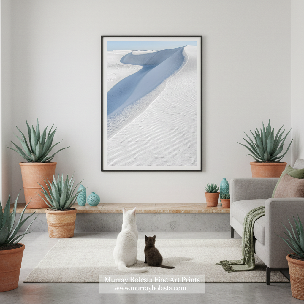 A minimalist pastel blue and white art photograph of a desert landscape, featuring sand dunes. White Sands New Mexico art by Murray Bolesta!