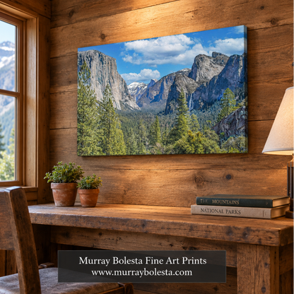 Yosemite artwork on a frameless canvas in a modest mountain cabin
